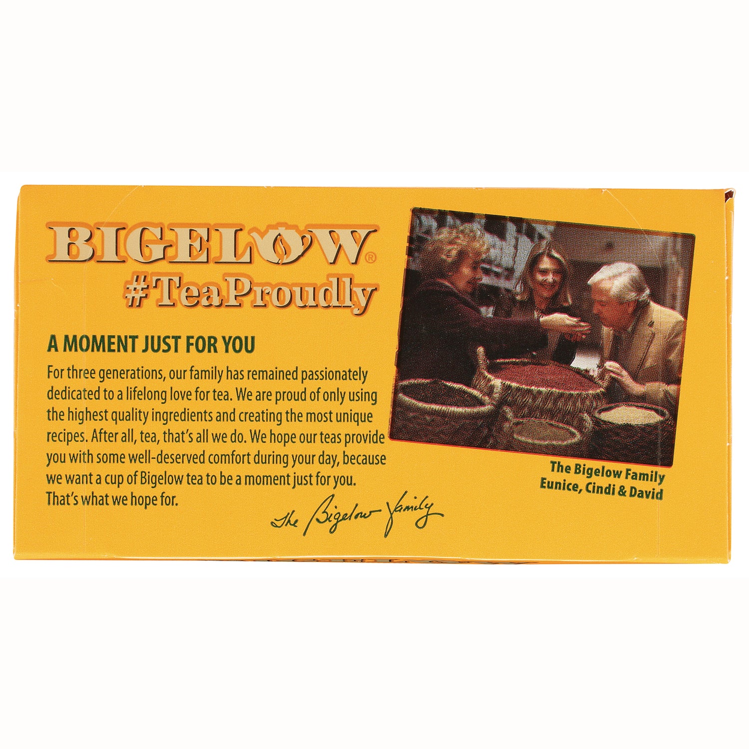 BGT023 | Back of yellow Bigelow tea box with #TeaProudly heading, family photo and product story text