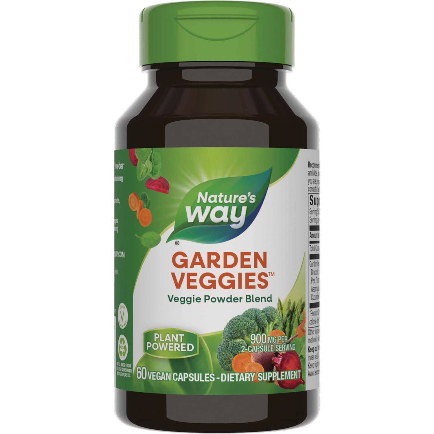 NW561 | Nature's Way Garden Veggies veggie powder blend bottle with green cap and label showing broccoli and vegetables, 60 vegan capsules