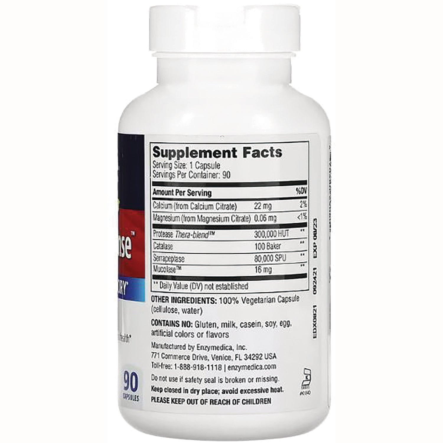 EMD038 | Back label showing supplement facts panel, serving size, other ingredients and warnings on a white bottle