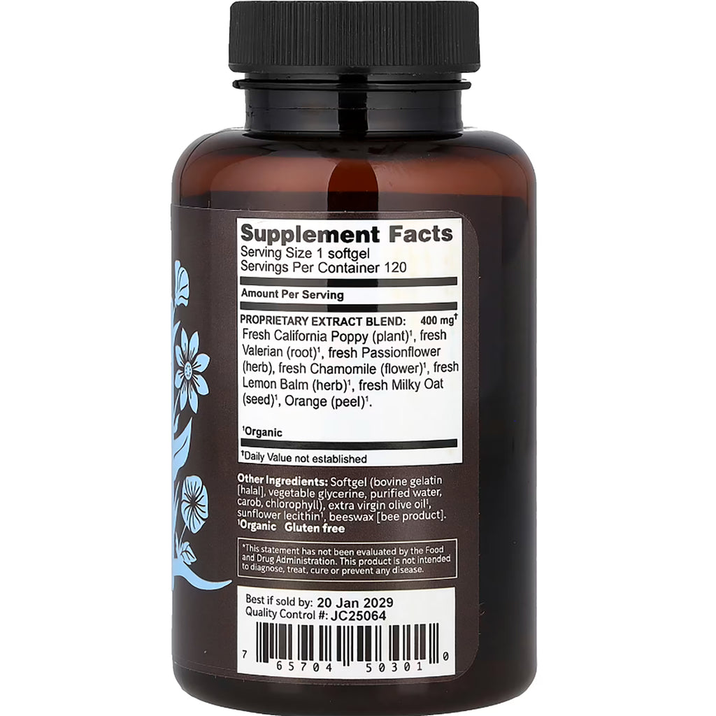 HE103 | Supplement facts and ingredient label on back of brown supplement bottle with green cap - Thumbnail