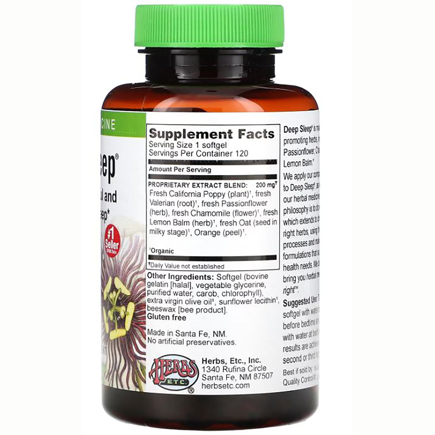 HE103 | Supplement facts and ingredient label on back of brown supplement bottle with green cap