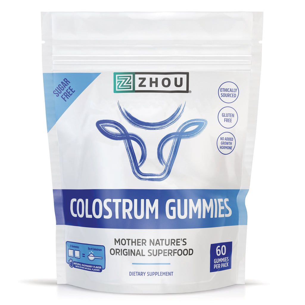 ZOU080 | Zhou Colostrum Gummies pouch front, sugar free, gluten free, 60 gummies - Thumbnail