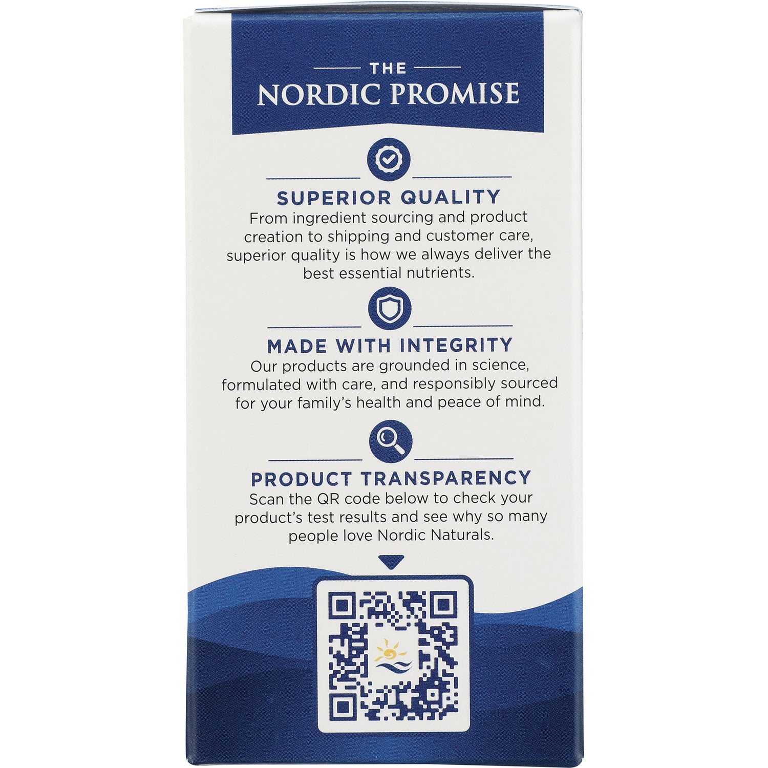 NRN099 | product side panel reading THE NORDIC PROMISE with sections Superior Quality, Made with Integrity, Product Transparency and a QR code