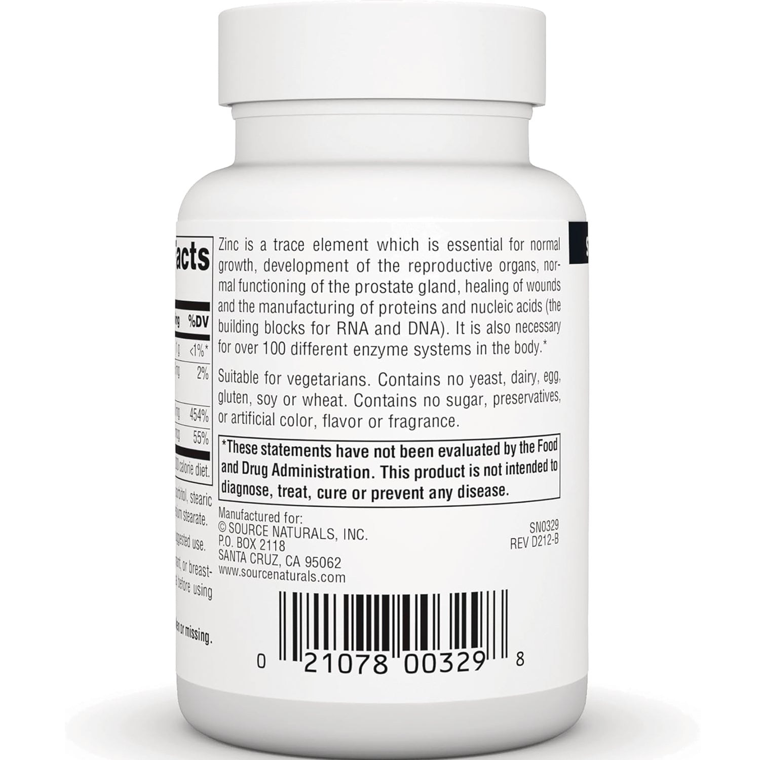 SN524 | Back label with supplement facts, vegetarian statement, and FDA disclaimer on Source Naturals bottle