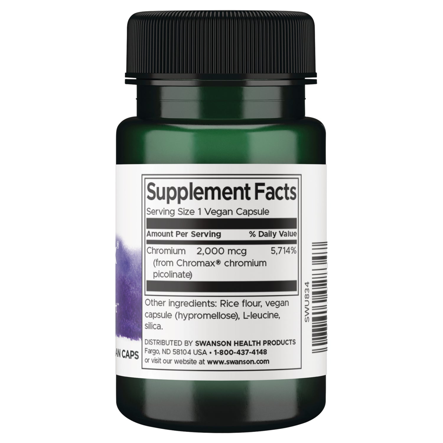 SWU834 | Back label with Supplement Facts and ingredients; Serving Size 1 Vegan Capsule; Chromium 2,000 mcg