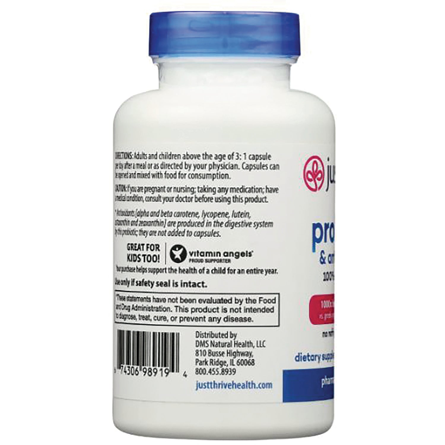 JTR003 | Back of white supplement bottle with blue cap showing warnings, barcode, distributor info, and Vitamin Angels logo