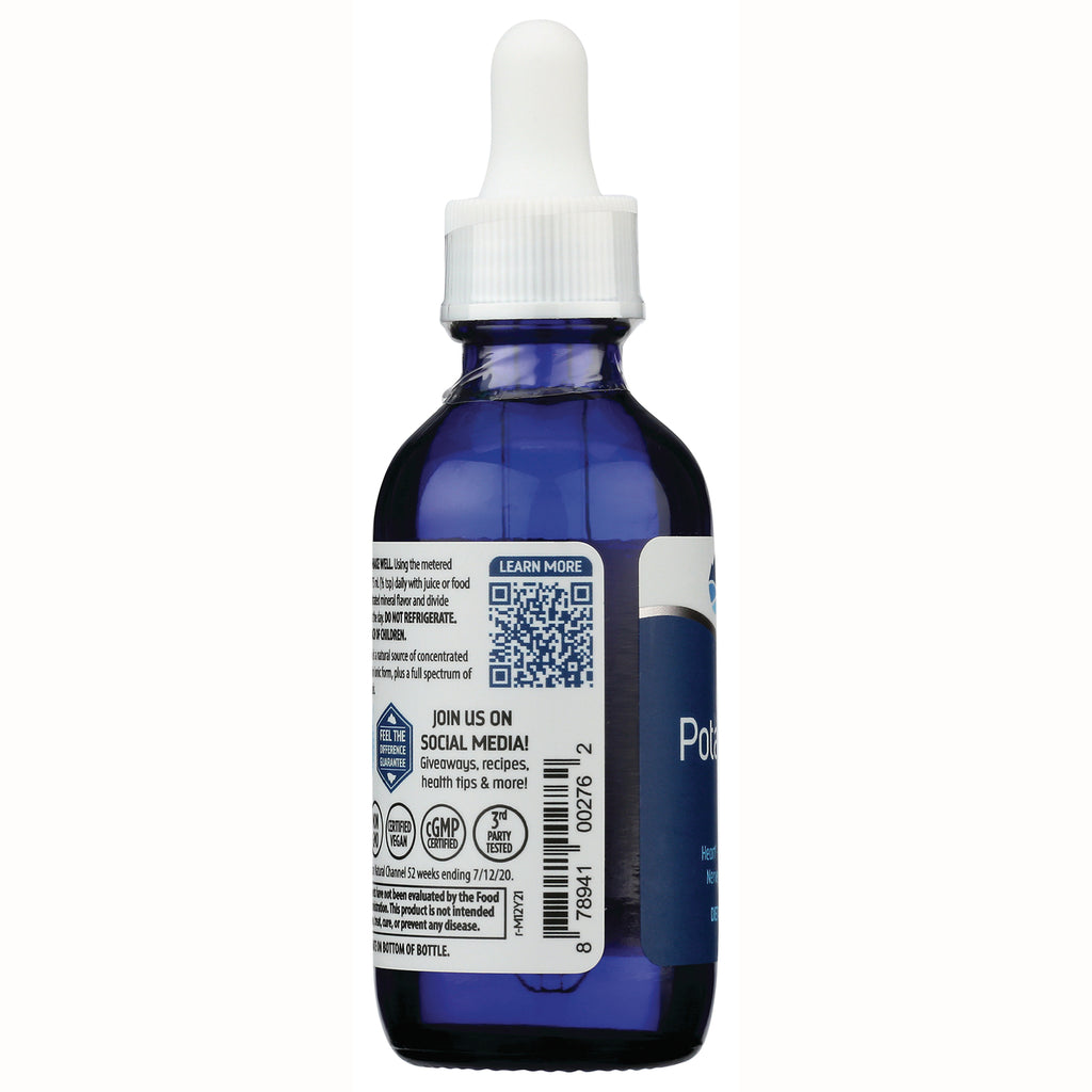 TM057 | Back of blue dropper bottle showing label with QR code, JOIN US ON SOCIAL MEDIA! text, certifications, and barcode - Thumbnail