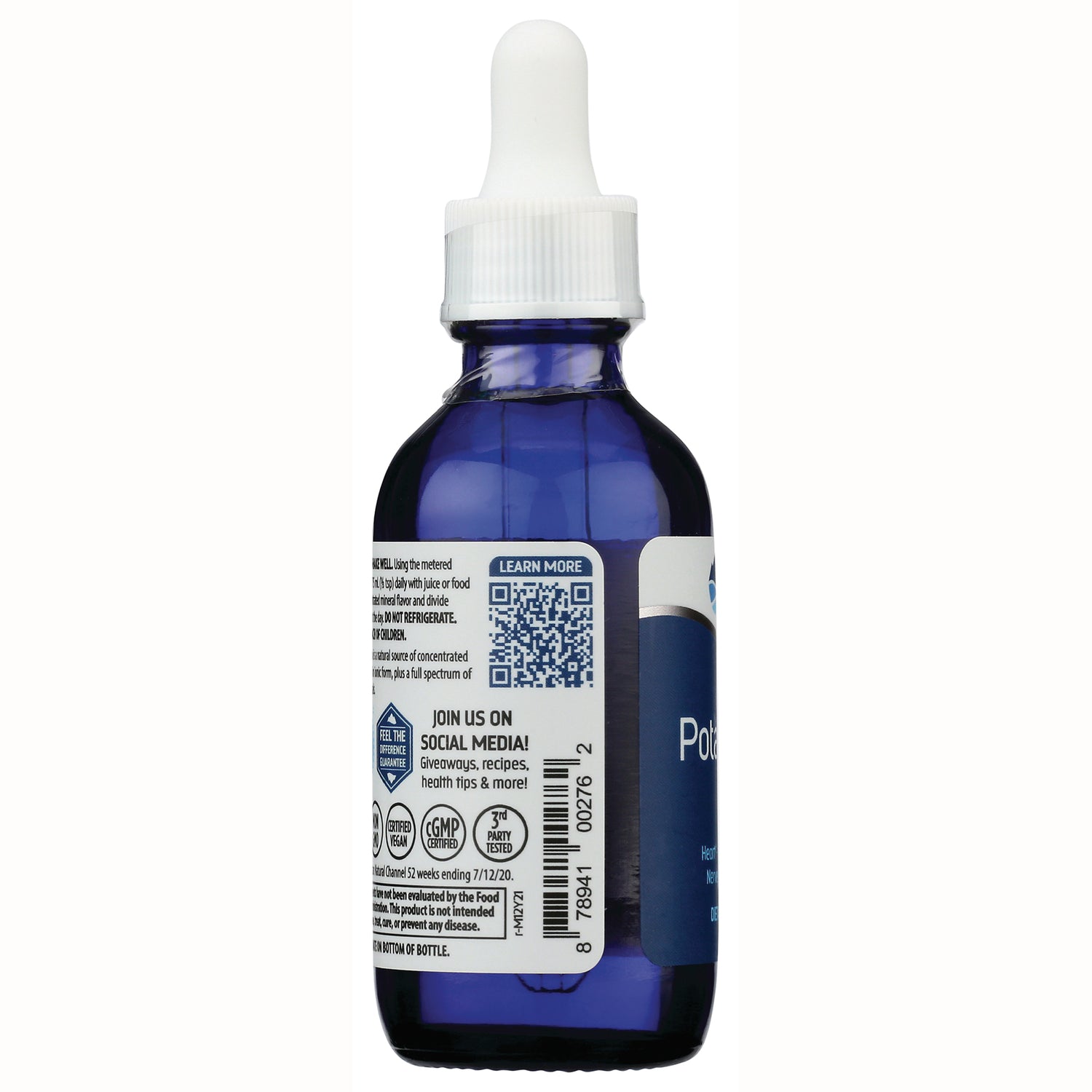 TM057 | Back of blue dropper bottle showing label with QR code, JOIN US ON SOCIAL MEDIA! text, certifications, and barcode