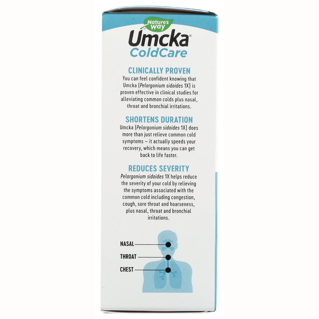 NW583 | Umcka ColdCare panel listing clinically proven benefits and diagram labeling nasal, throat, chest - Thumbnail