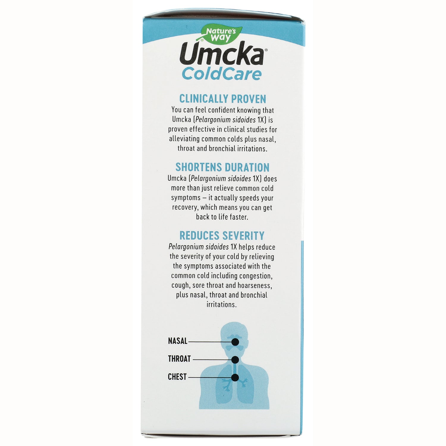 NW583 | Umcka ColdCare panel listing clinically proven benefits and diagram labeling nasal, throat, chest