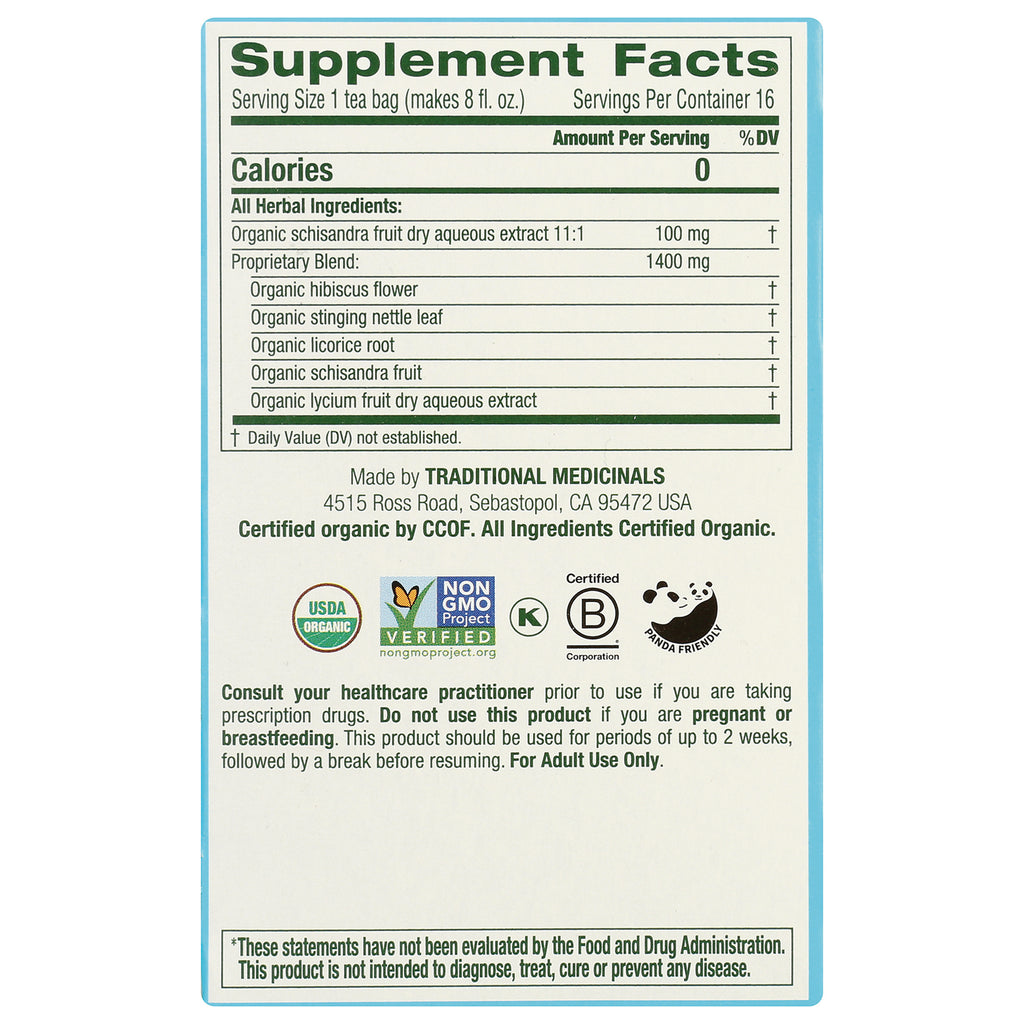 TMD010 | Back panel with Supplement Facts and organic herbal ingredients; certifications: USDA Organic, Non-GMO, Kosher - Thumbnail