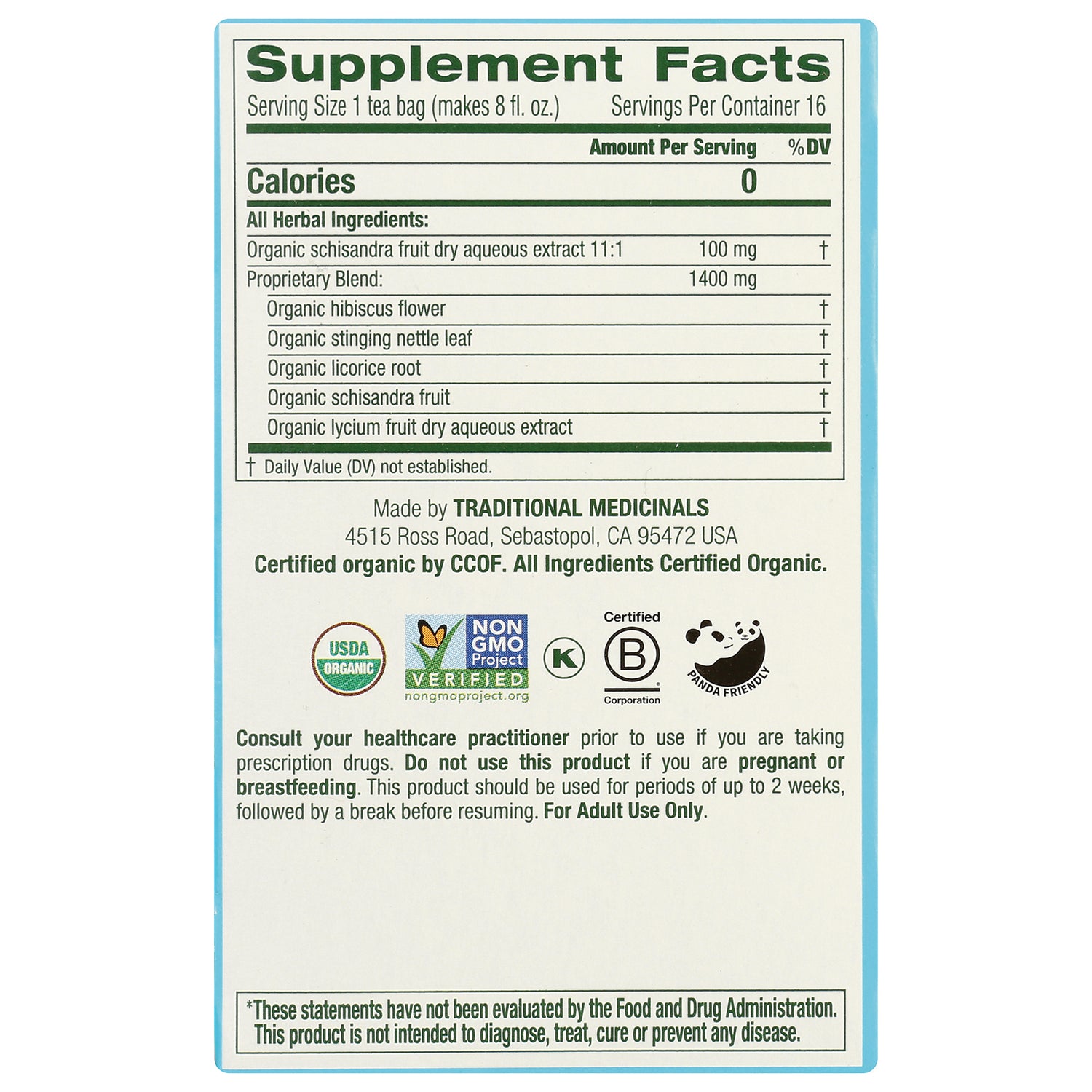 TMD010 | Back panel with Supplement Facts and organic herbal ingredients; certifications: USDA Organic, Non-GMO, Kosher