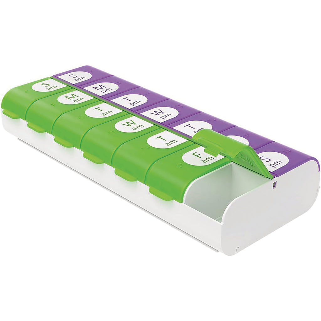 APP09 | Green and purple weekly AM/PM pill organizer with labeled day compartments - Thumbnail