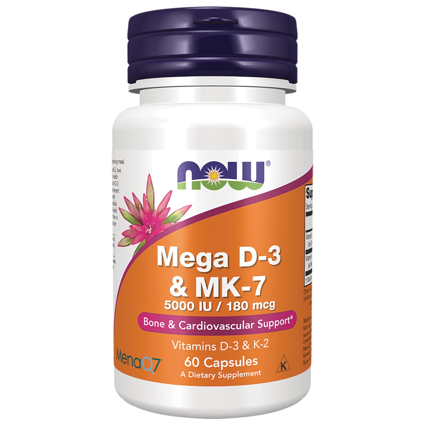 NWF1376 | NOW Mega D-3 & MK-7 5000 IU bottle, 60 capsules, white bottle with orange label