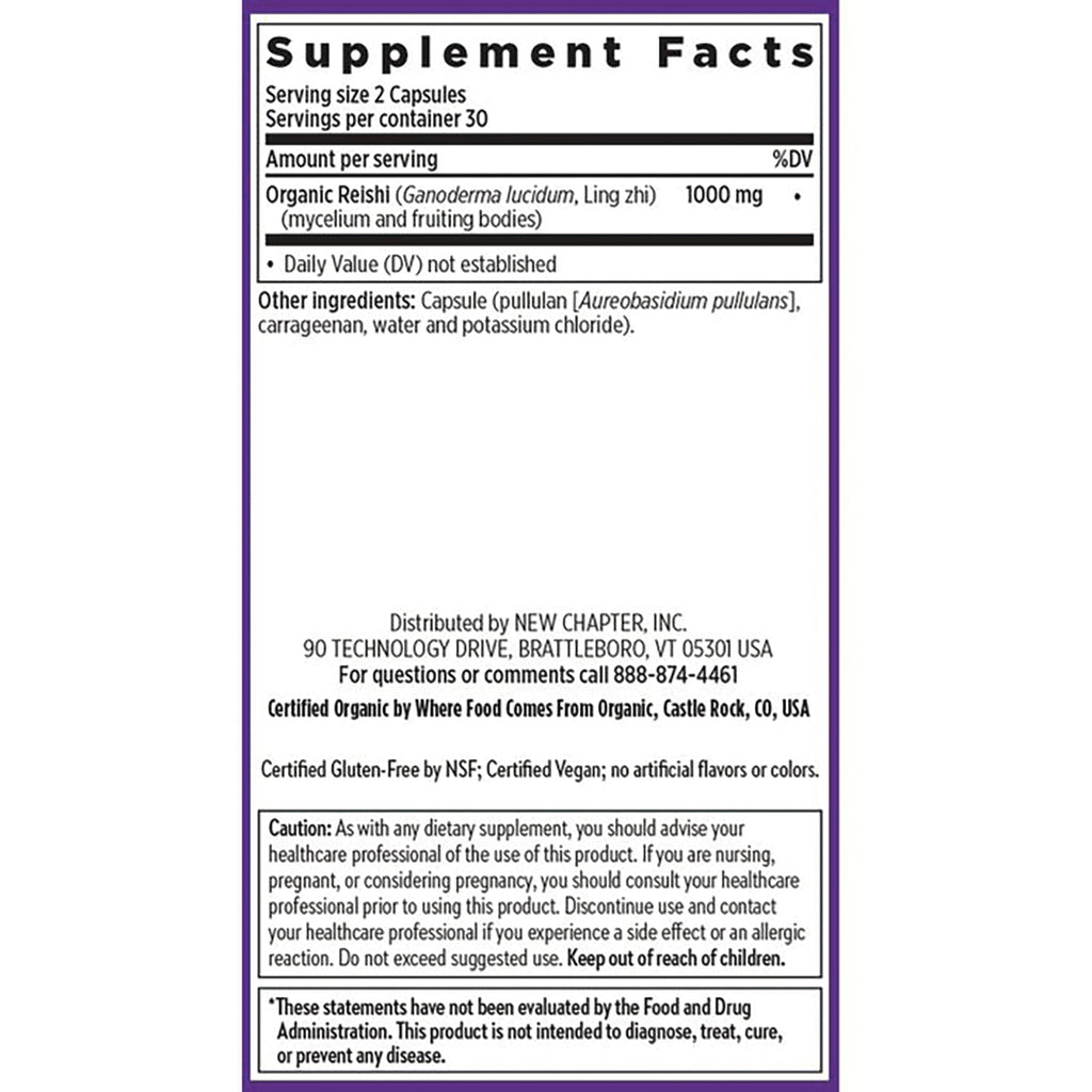 NWC269 | back label with Supplement Facts listing serving size 2 capsules, Organic Reishi 1000 mg, ingredients, distributor and caution - Thumbnail