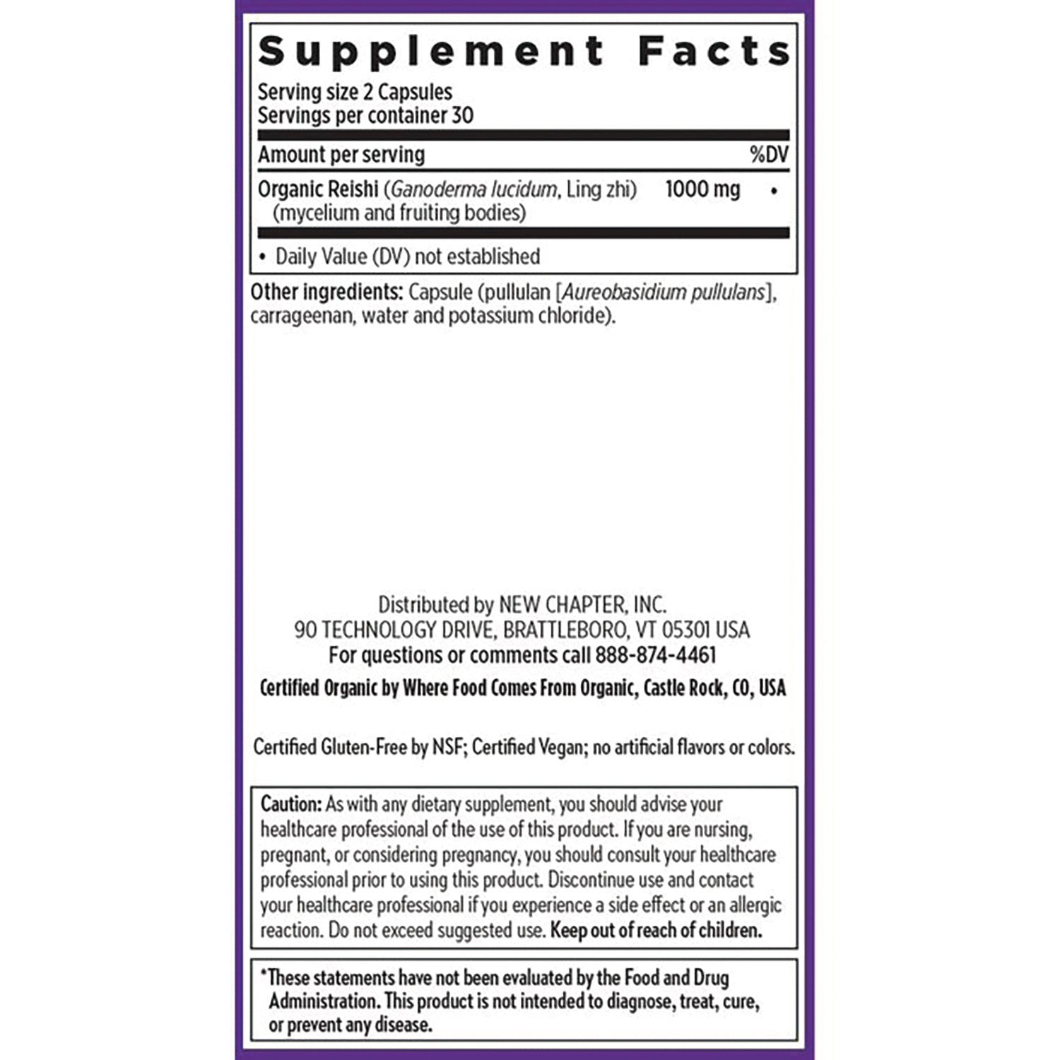 NWC269 | back label with Supplement Facts listing serving size 2 capsules, Organic Reishi 1000 mg, ingredients, distributor and caution