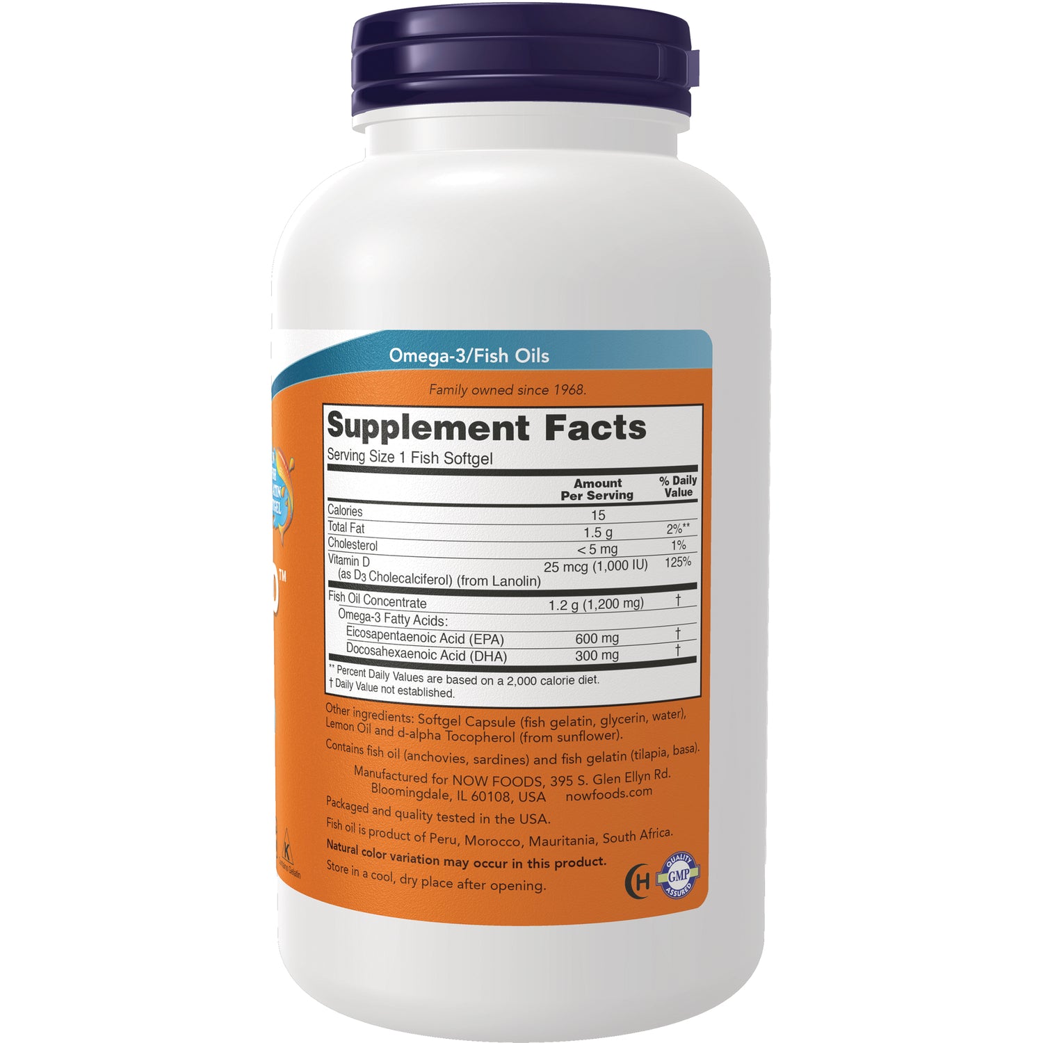 NWF1321 | Back of white supplement bottle showing Supplement Facts panel and orange Omega-3/Fish Oils label