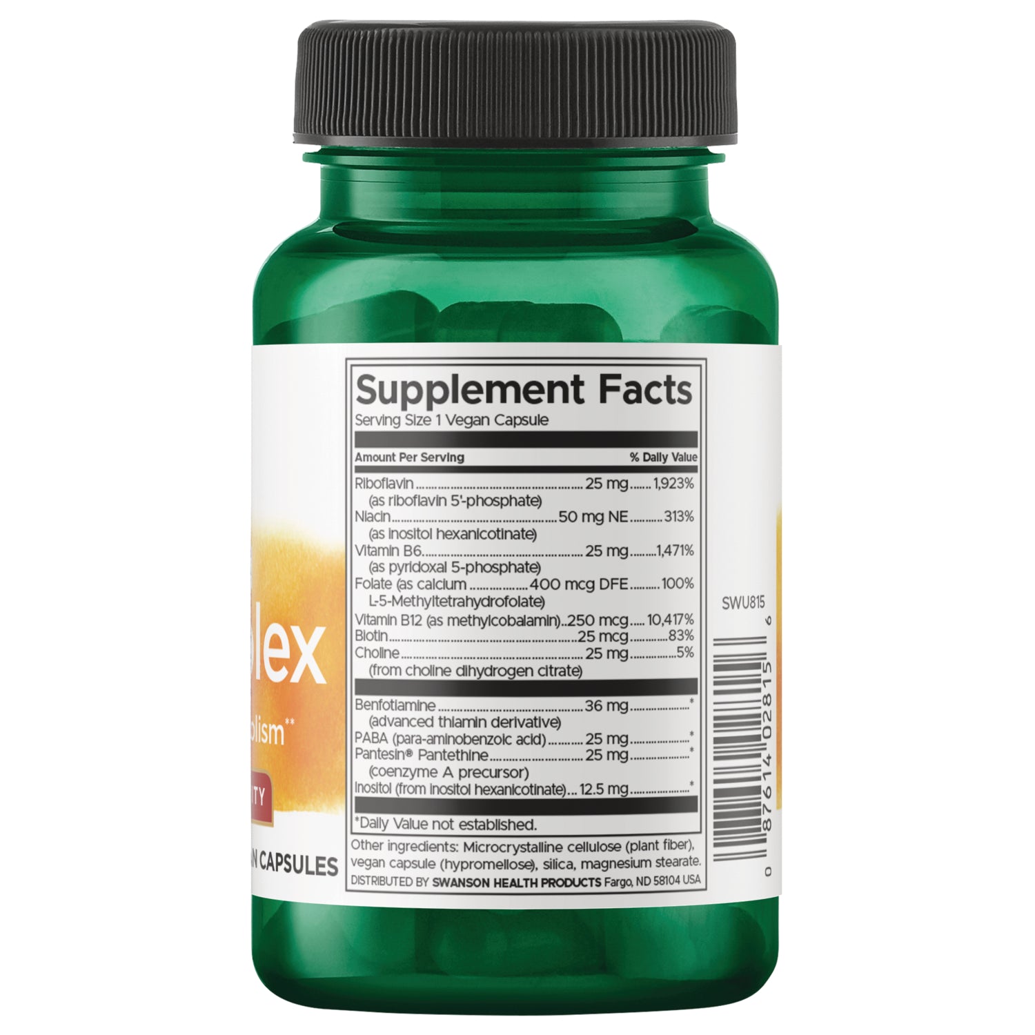 SWU815 | Supplement Facts panel with B vitamins list and serving size 1 vegan capsule