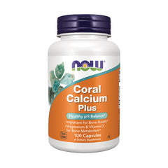 NWF872 | NOW Coral Calcium Plus supplement bottle with orange label reading Healthy pH Balance, 100 Capsules, Non-GMO