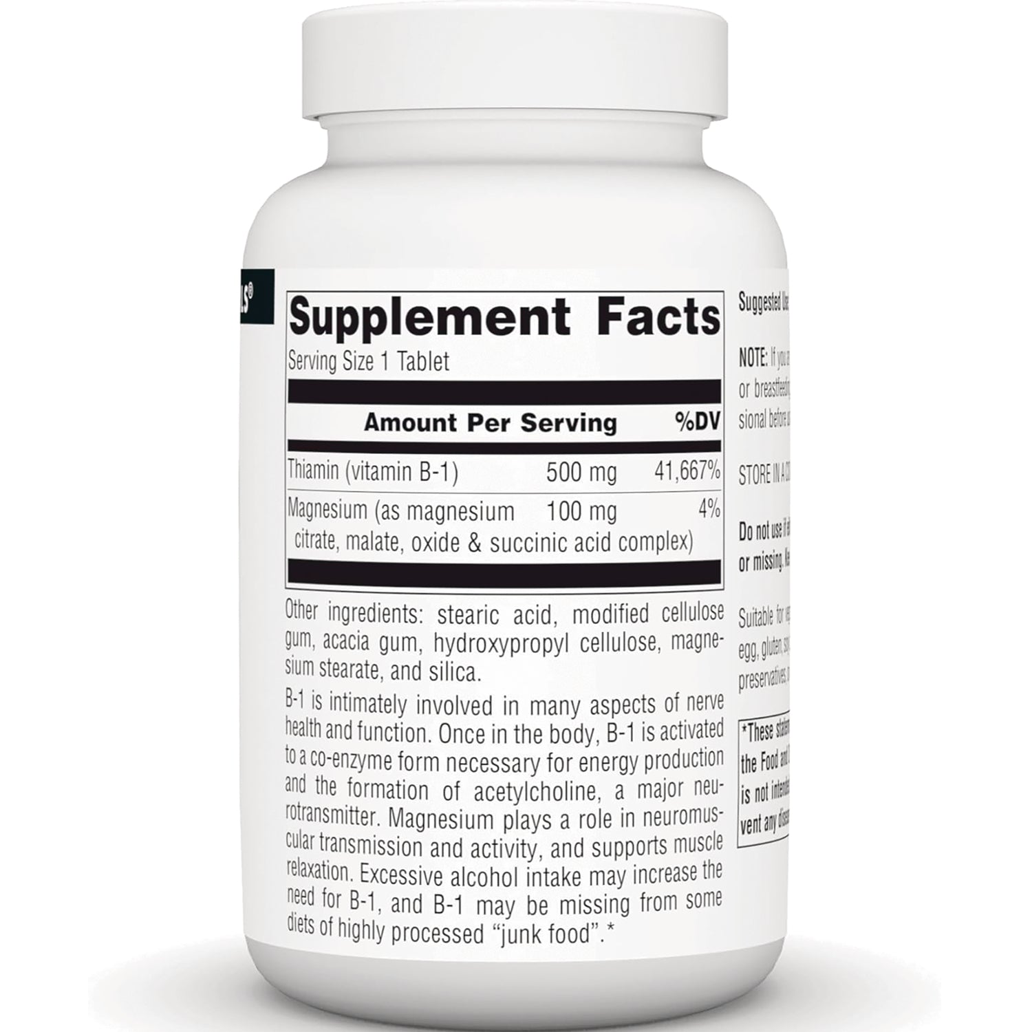 SN668 | Supplement Facts panel with serving size 1 tablet, thiamin (vitamin B-1) 500 mg, magnesium 100 mg