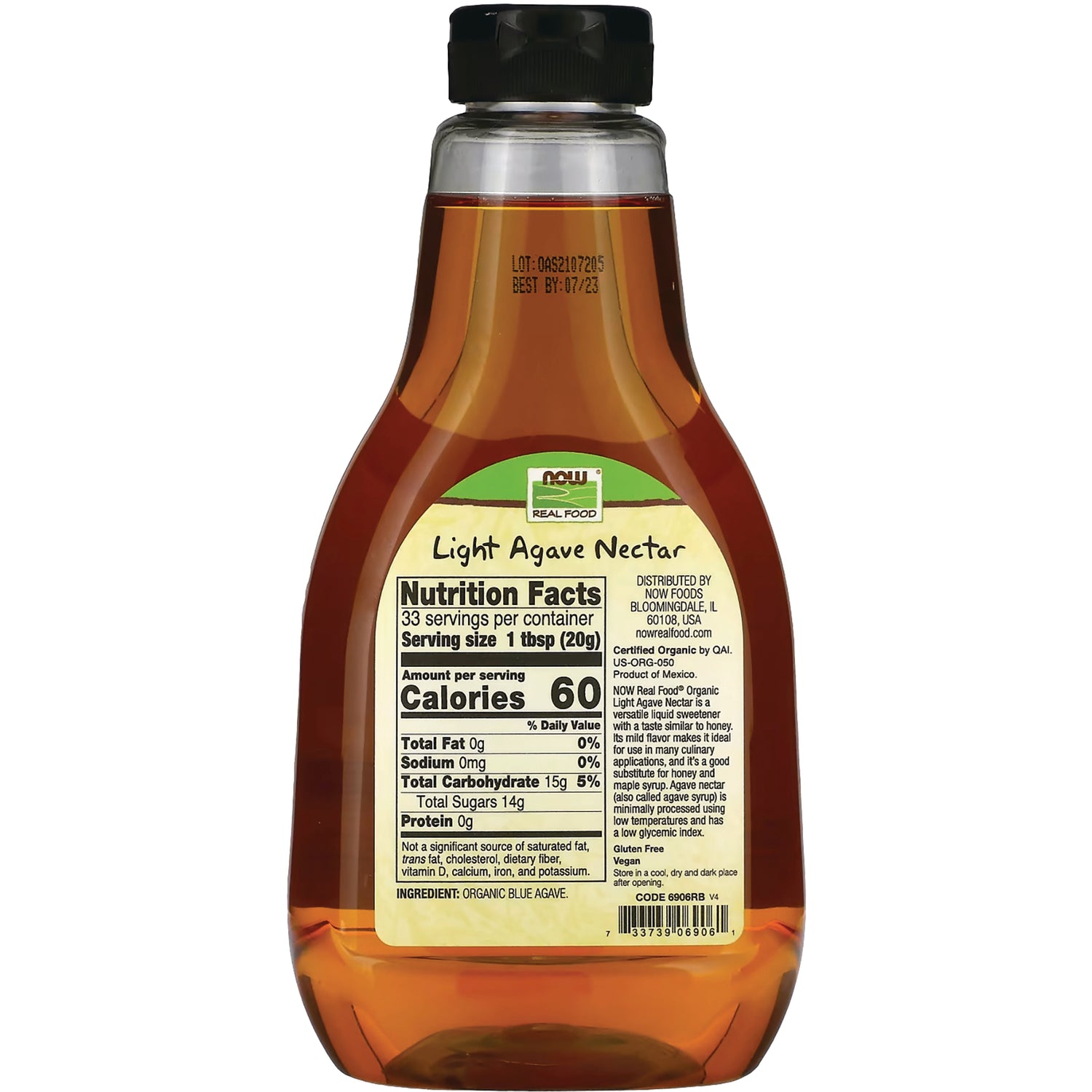 NWF1220 | back label showing Nutrition Facts panel and ingredient Organic Blue Agave on Light Agave Nectar bottle