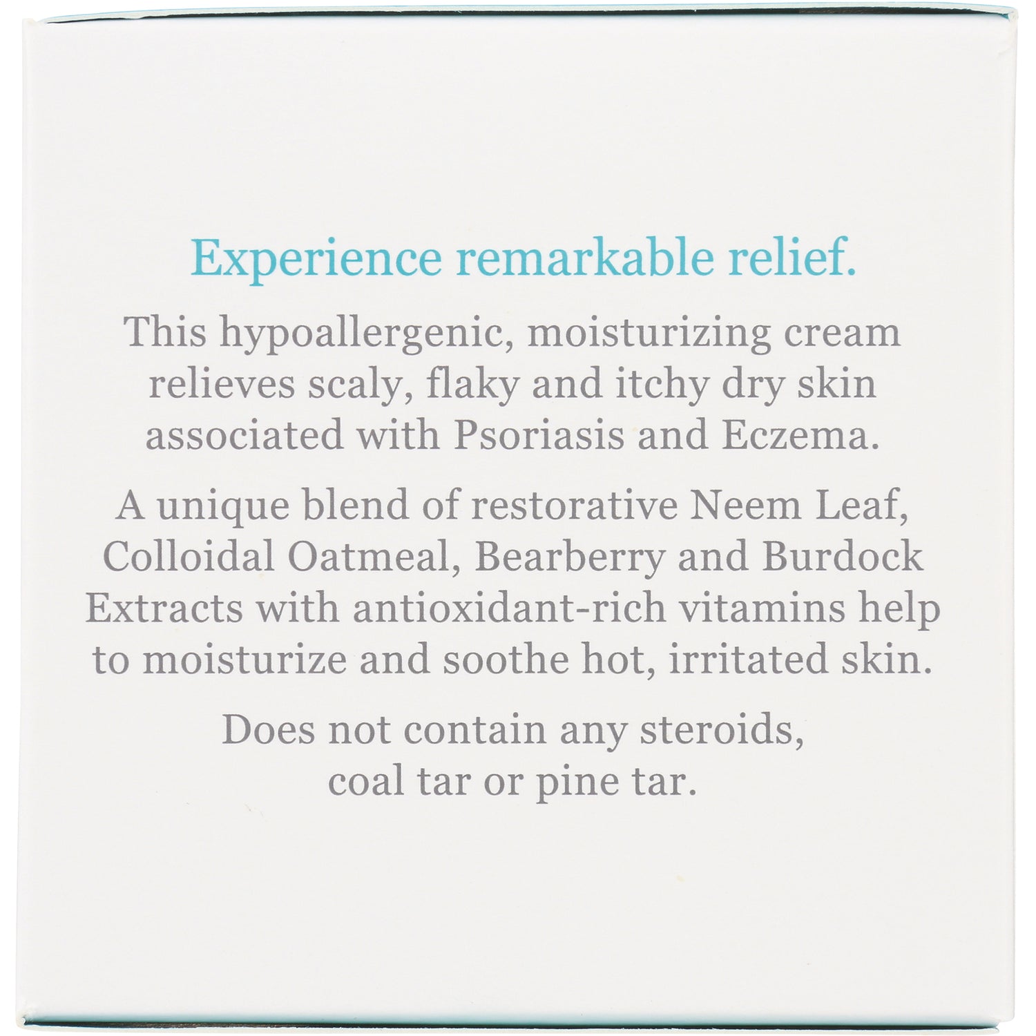 DE003 | Product infographic: Experience remarkable relief; hypoallergenic moisturizing cream with neem leaf, colloidal oatmeal, bearberry and burdock extracts
