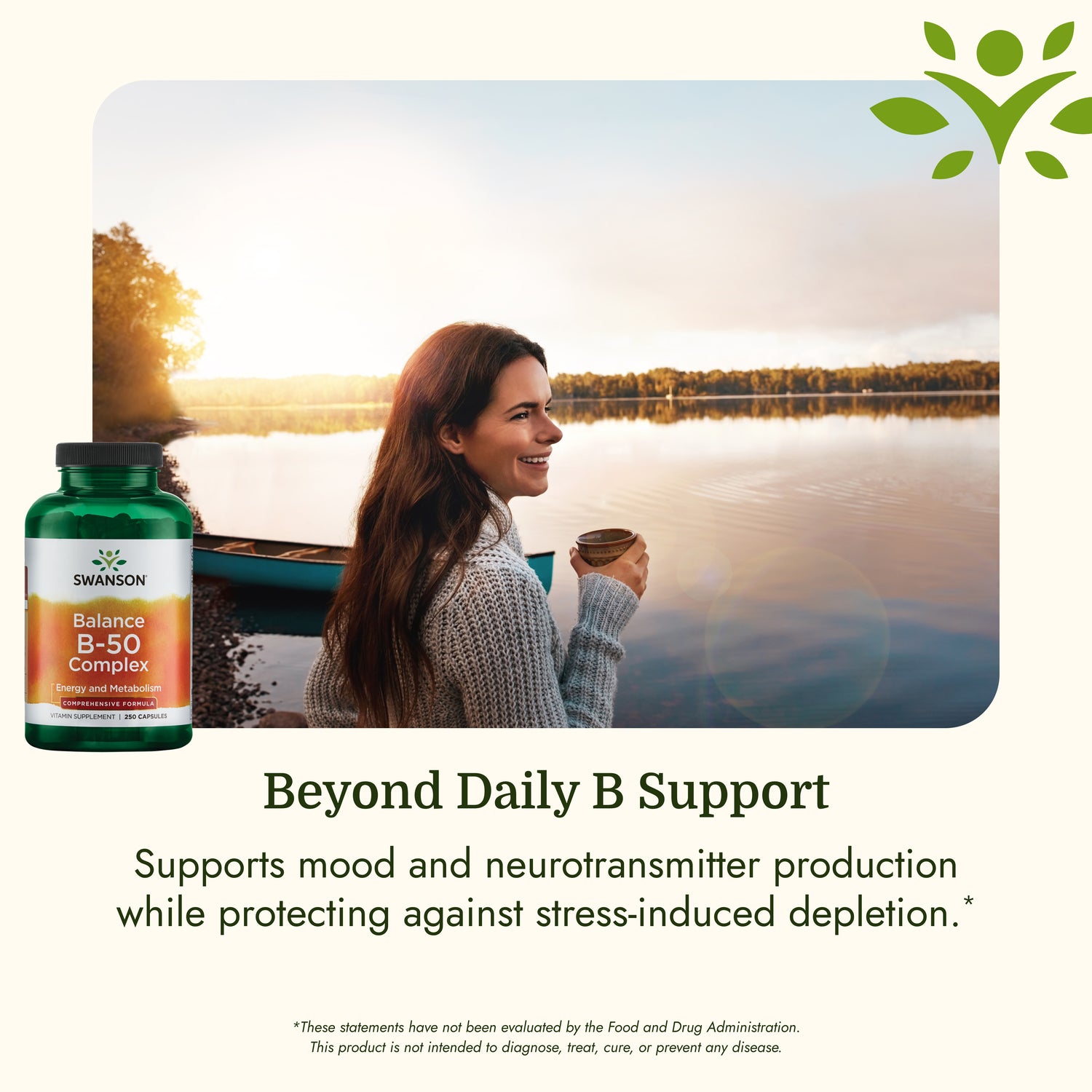 SW058 |  Bottle image and woman by lake beyond daily B support supports mood