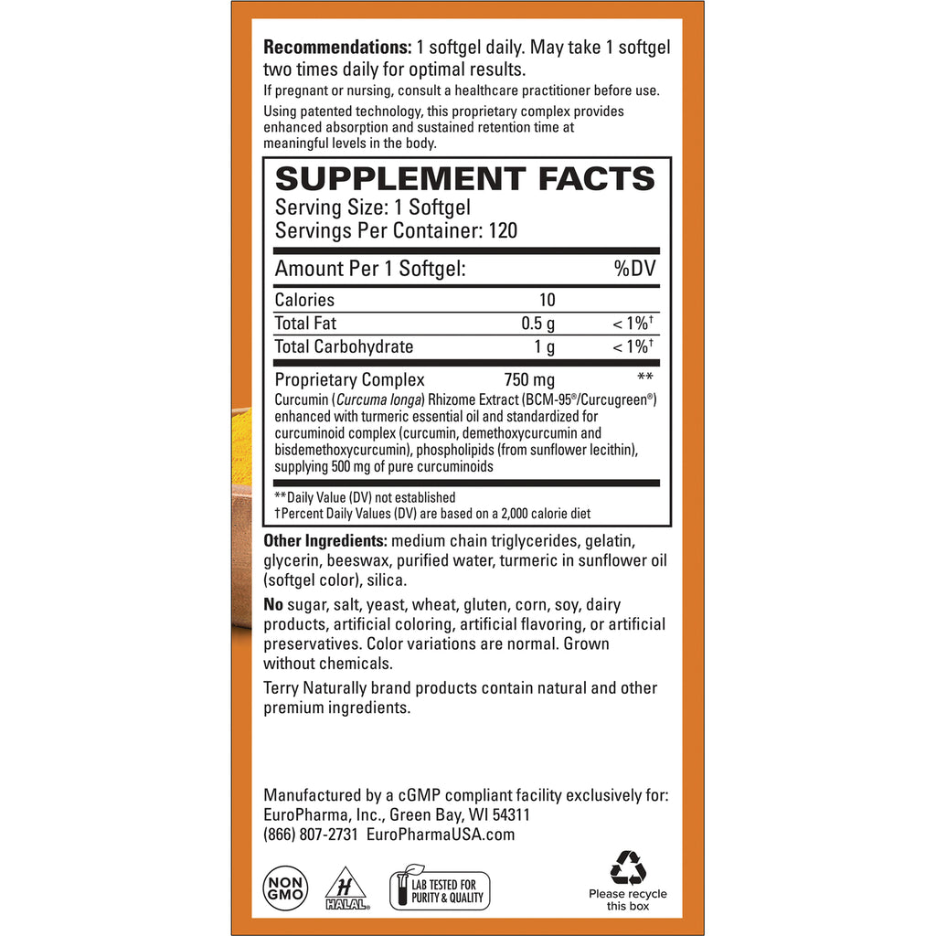 EUR025 | Supplement Facts and ingredient panel for turmeric softgel, serving size 1 softgel, proprietary complex 750 mg - Thumbnail
