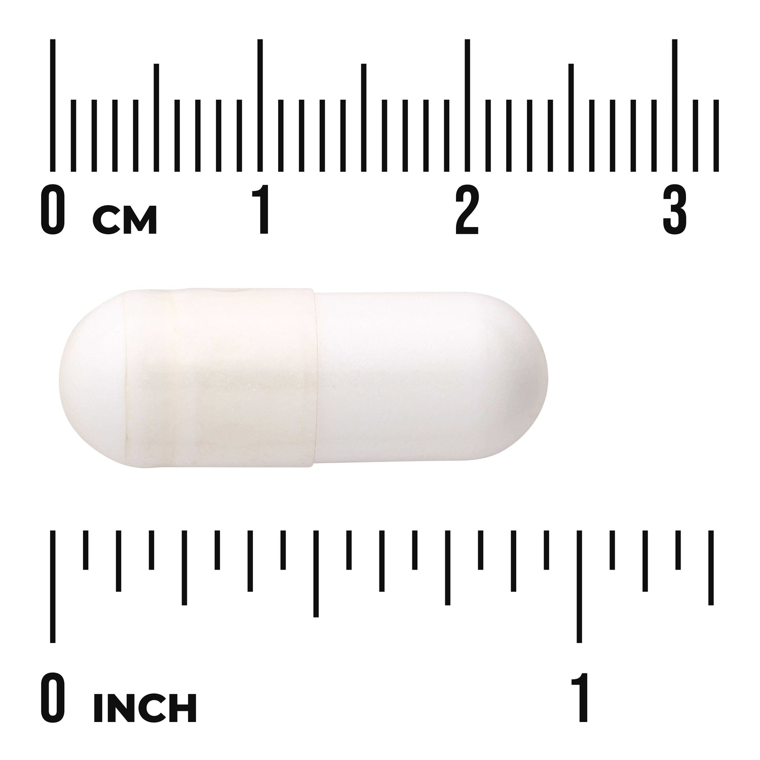 SW1238 | White capsule shown next to rulers, size indicated in cm and inches
