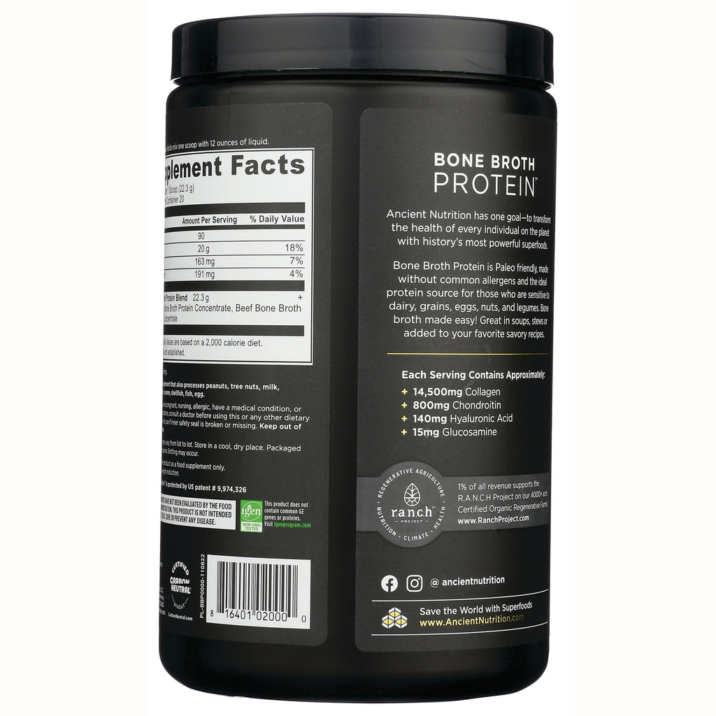 ATN001 | Back label of Bone Broth Protein jar showing supplement facts, product description, and serving information - Thumbnail