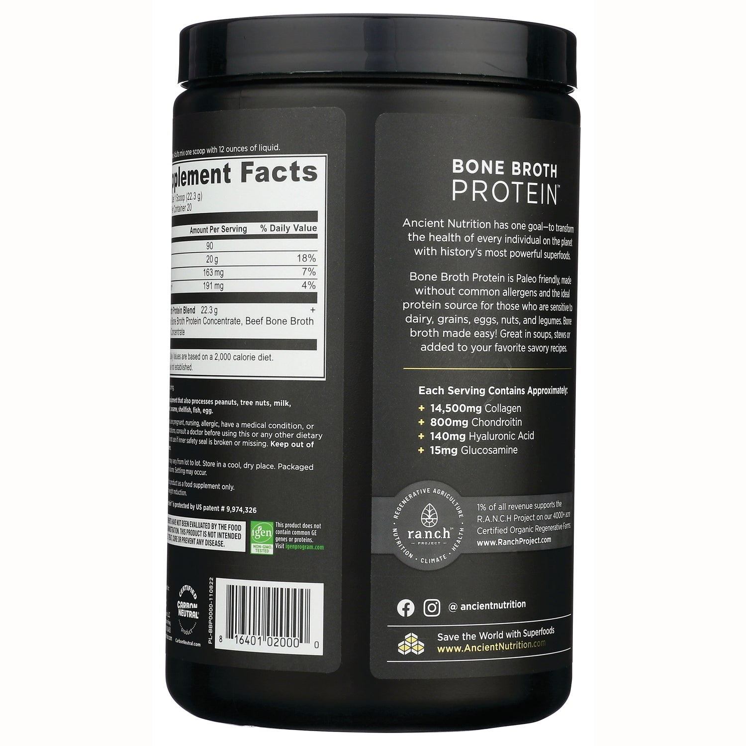 ATN001 | Back label of Bone Broth Protein jar showing supplement facts, product description, and serving information