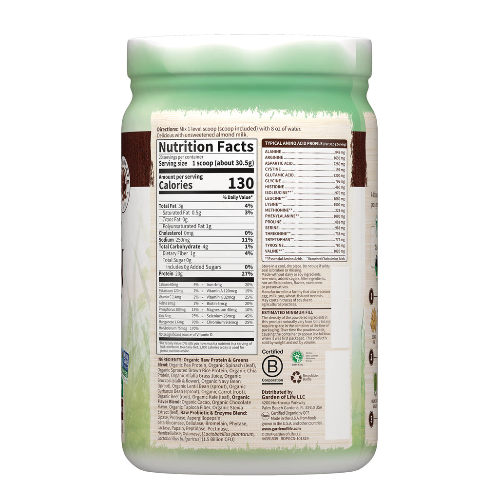 GLF219 | back label showing Nutrition Facts panel, typical amino acid profile and ingredients on green supplement tub - Thumbnail