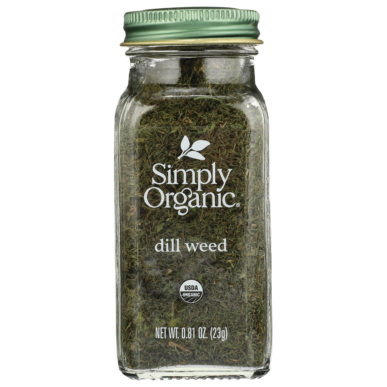 SMP066 | Glass jar of Simply Organic dill weed with green lid, front label visible