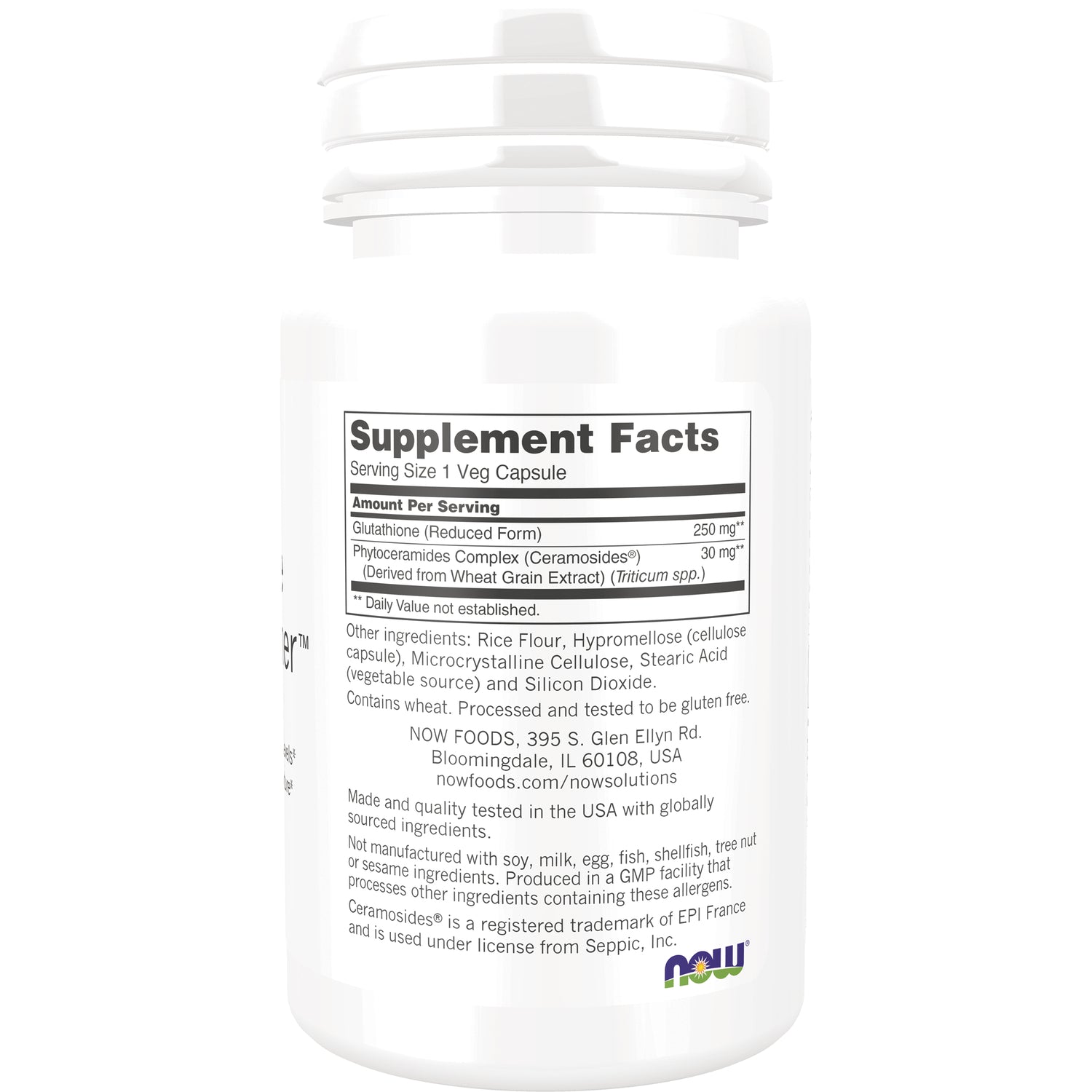 NWF1357 | Back of white supplement bottle showing Supplement Facts panel, ingredient list and Now logo