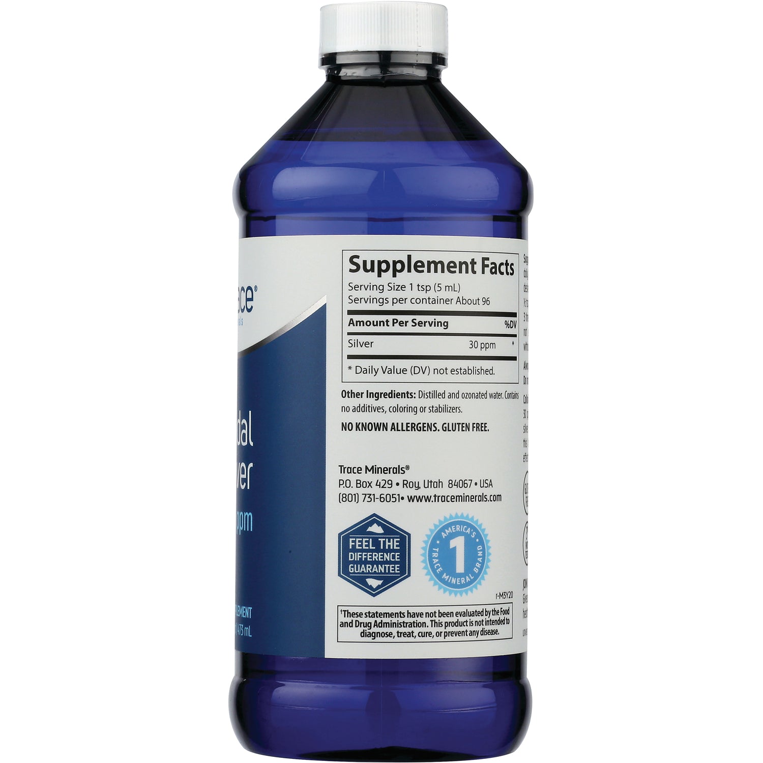 TM096 | Back label with Supplement Facts for silver 30 ppm and ingredients on blue bottle