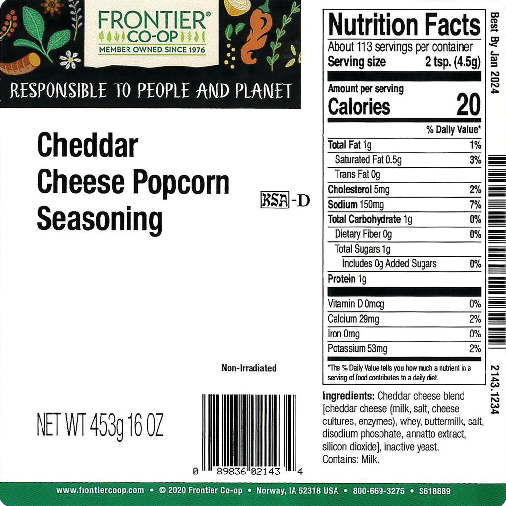 FNP056 | Back panel showing Cheddar Cheese Popcorn Seasoning label with nutrition facts, ingredients, and barcode - Thumbnail