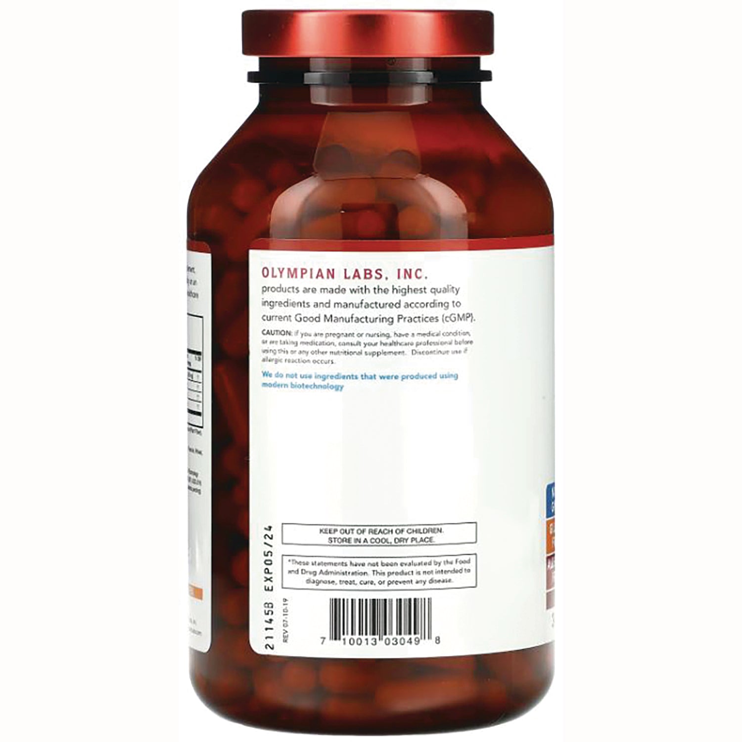 OL114 | Back of brown supplement bottle showing Olympian Labs label, barcode, caution and storage information