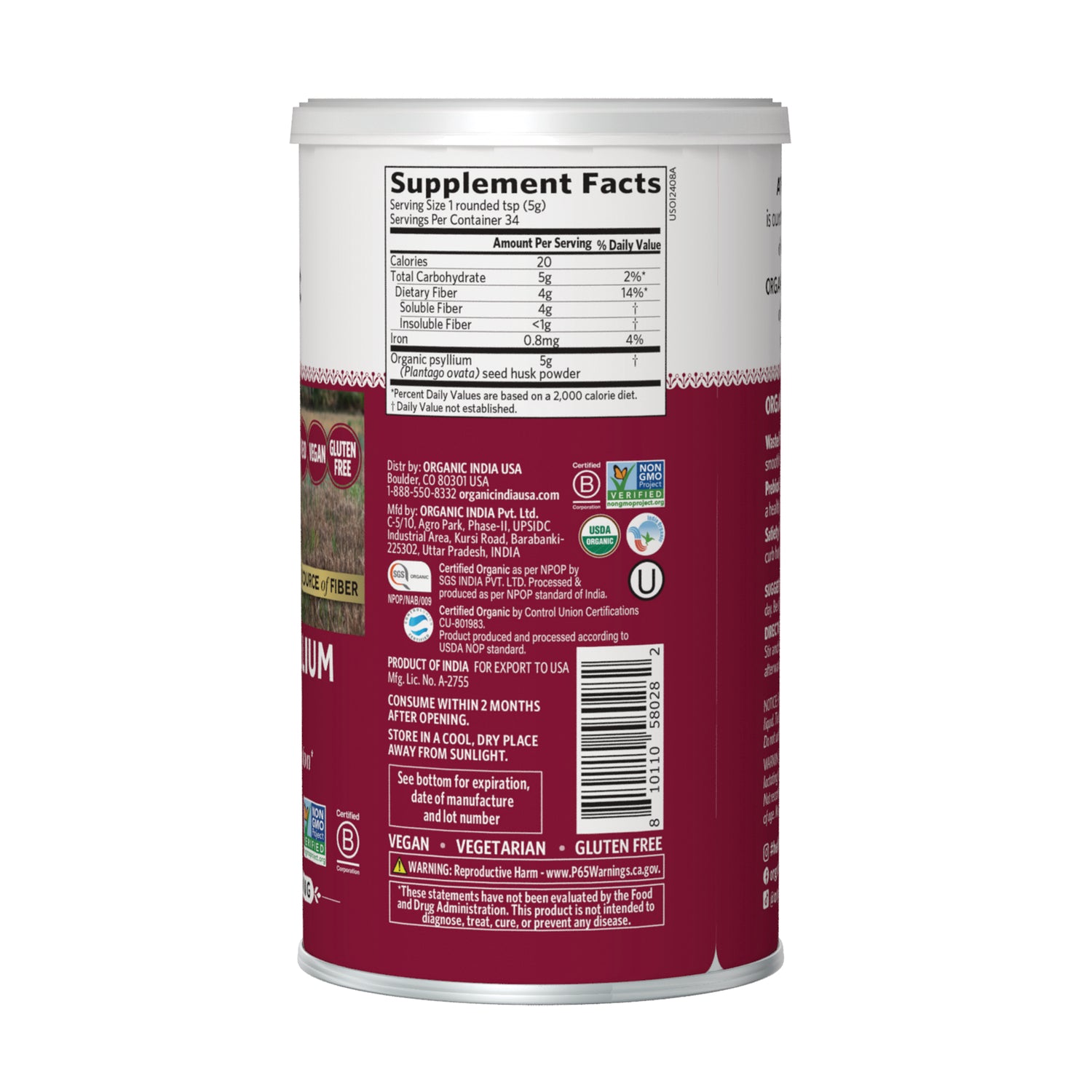 RGN111 | back of maroon supplement container showing Supplement Facts panel, barcode, certifications and storage instructions