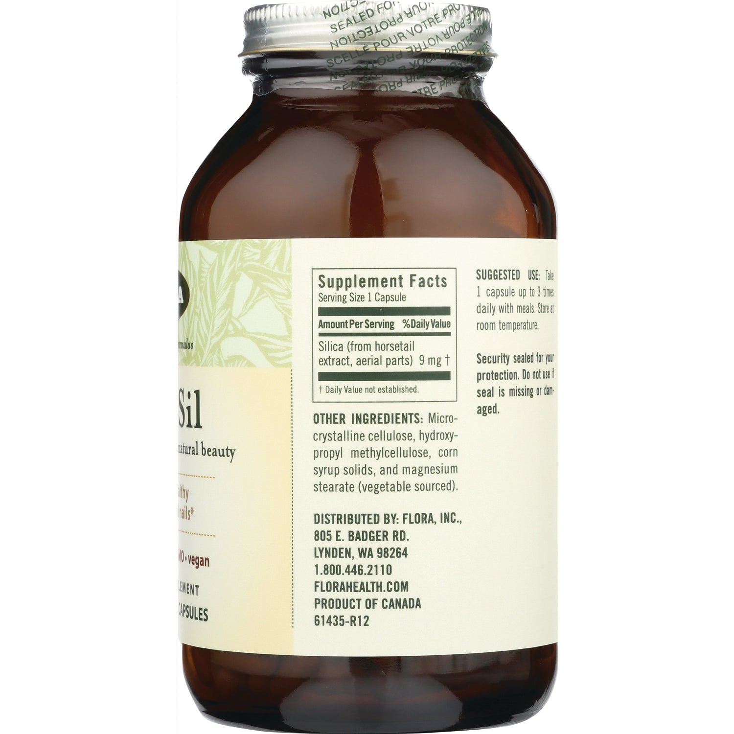 FL025 | Back of brown supplement bottle showing supplement facts panel, other ingredients, and distributor information