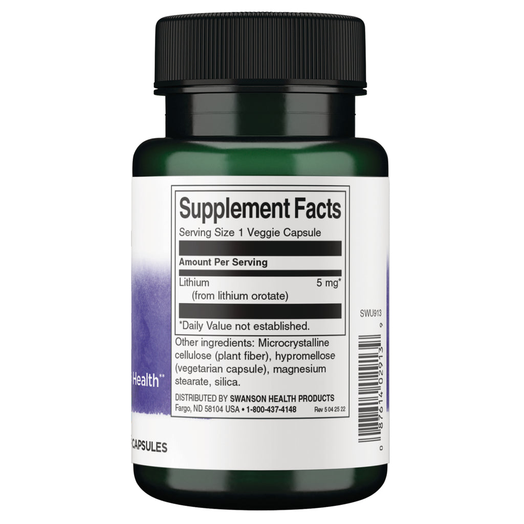 SWU913 | Back label with Supplement Facts: serving size 1 veggie capsule; lithium (from lithium orotate) 5 mg - Thumbnail