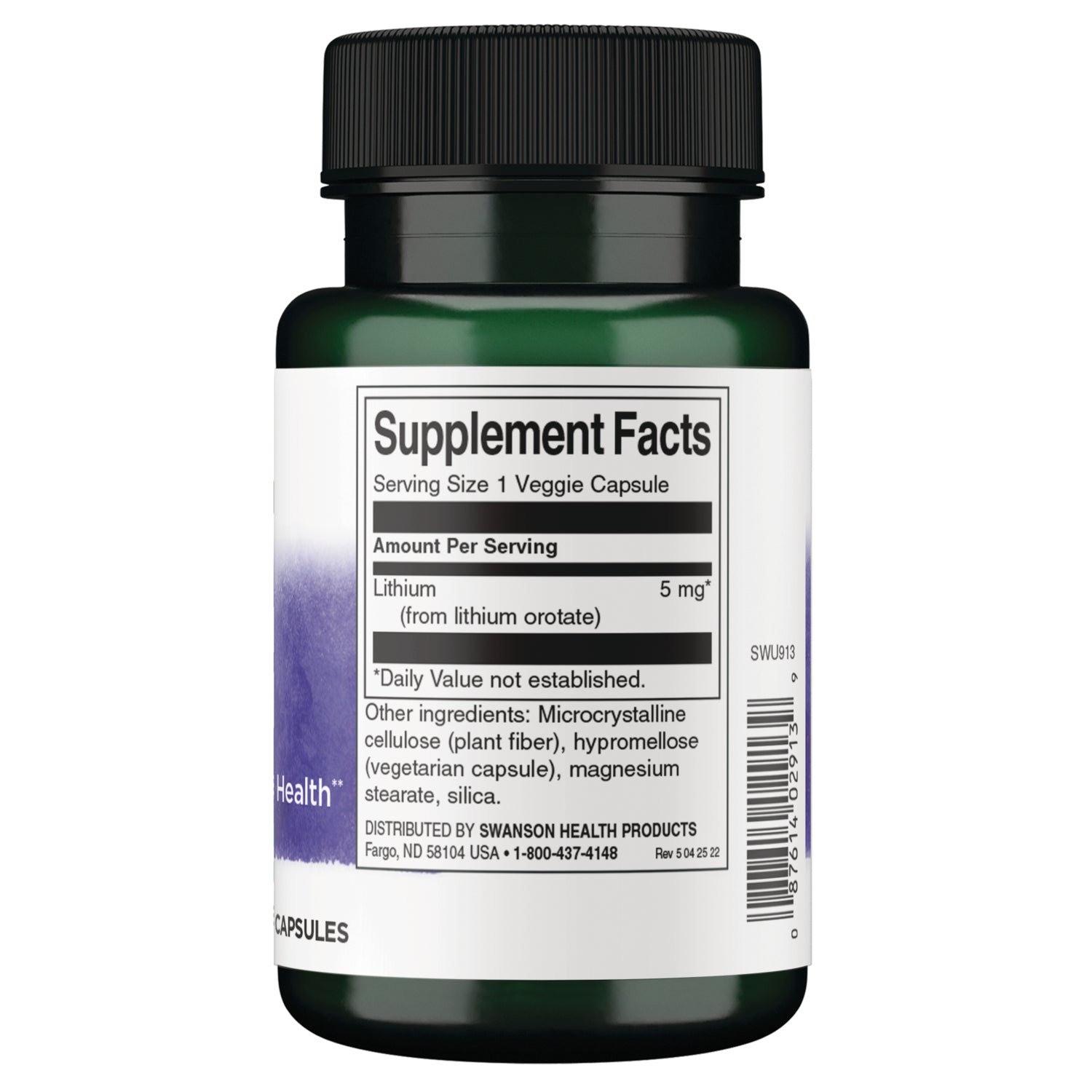 SWU913 | Back label with Supplement Facts: serving size 1 veggie capsule; lithium (from lithium orotate) 5 mg