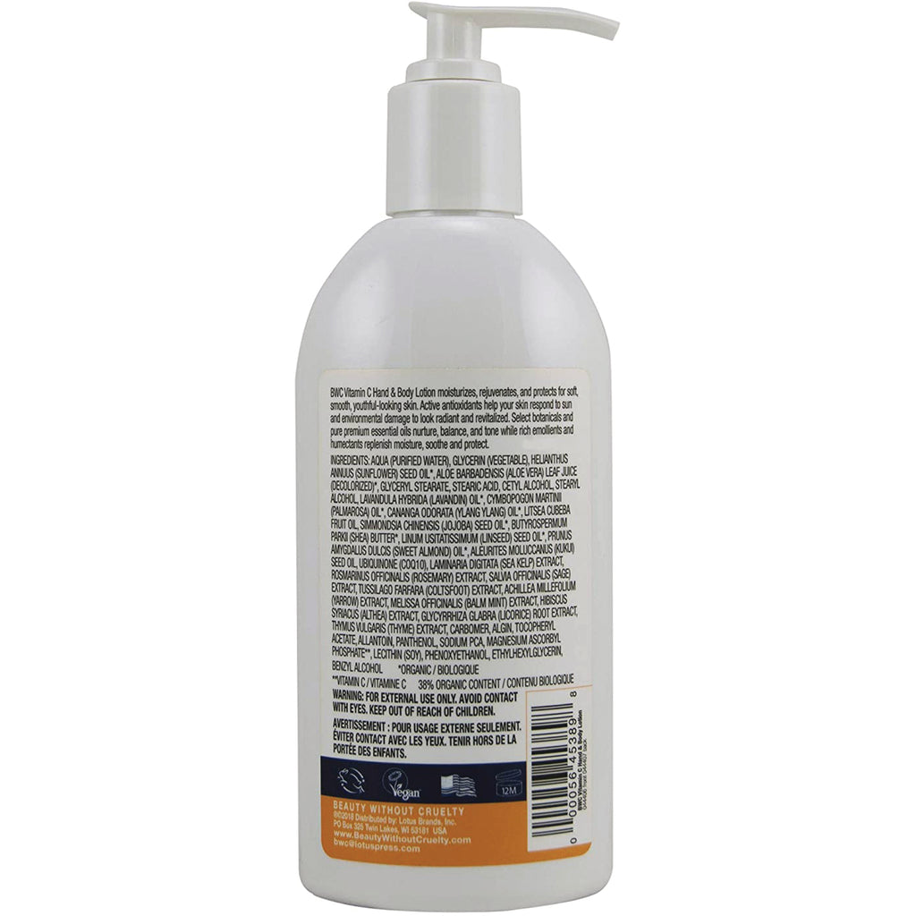 BWC108 | back of white lotion pump bottle showing ingredients label, warning text and barcode - Thumbnail