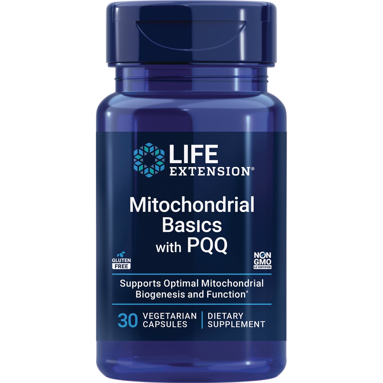 LE394 | Life Extension Mitochondrial Basics with PQQ blue bottle label, 30 vegetarian capsules dietary supplement