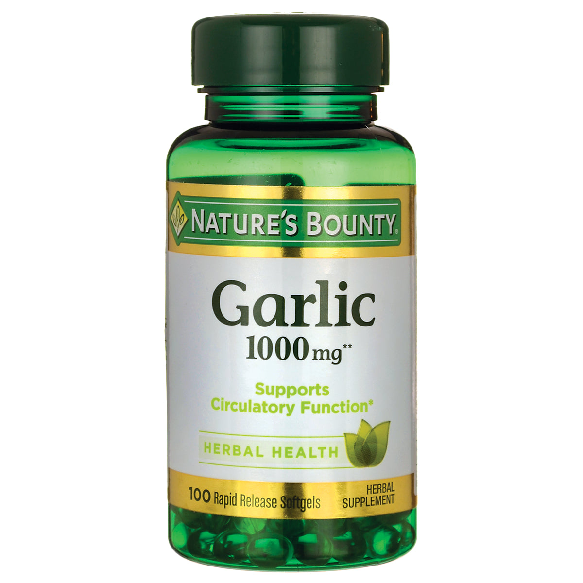 NBY031 | Nature's Bounty Garlic 1000 mg herbal supplement bottle, 100 rapid release softgels