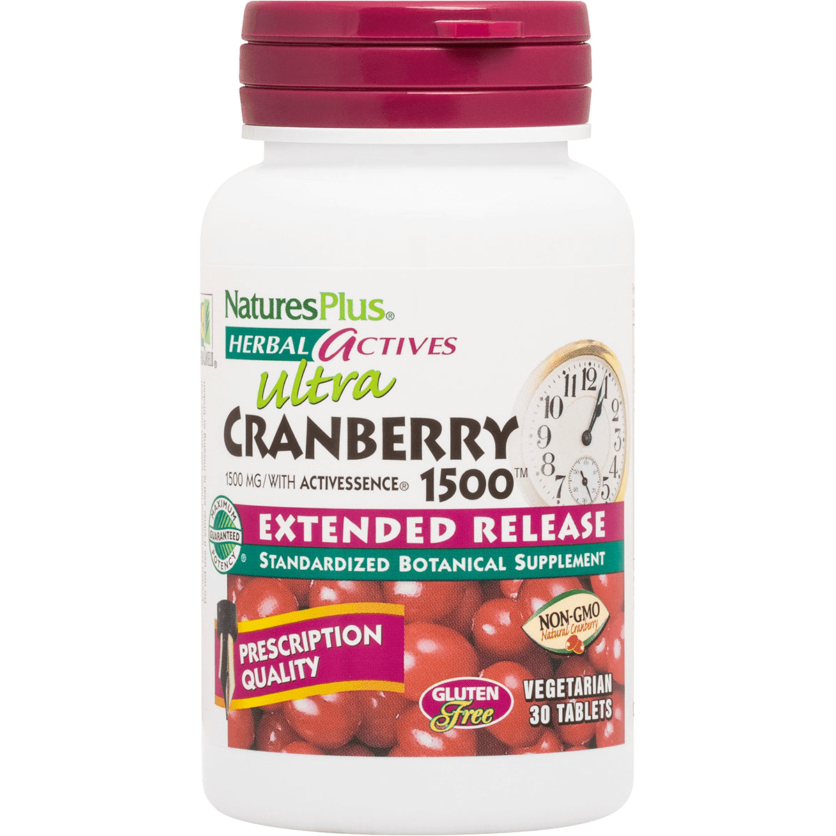 NTP224 | NaturesPlus Herbal Actives Ultra Cranberry 1500 extended release bottle, vegetarian 30 tablets