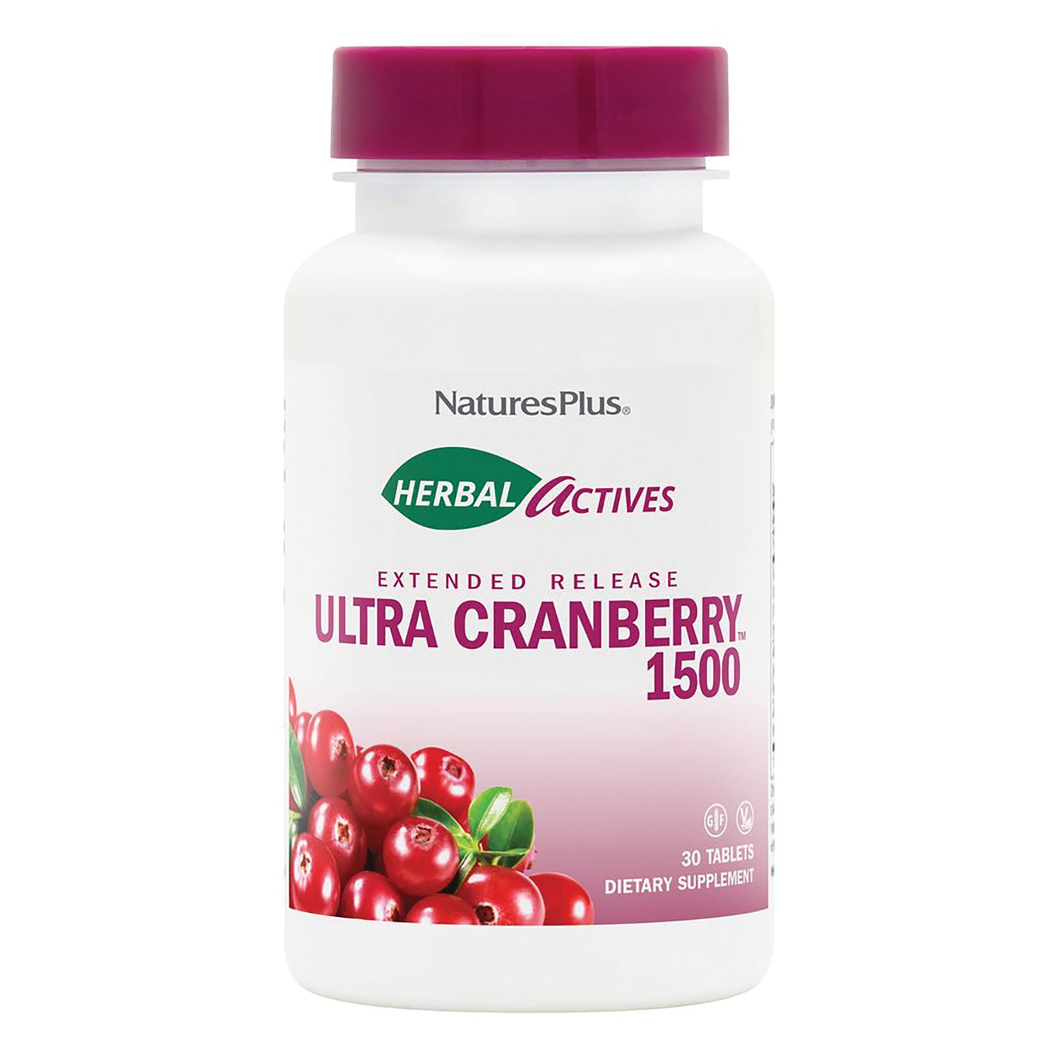 NTP224 | NaturesPlus Herbal Actives Ultra Cranberry 1500 extended release bottle, vegetarian 30 tablets