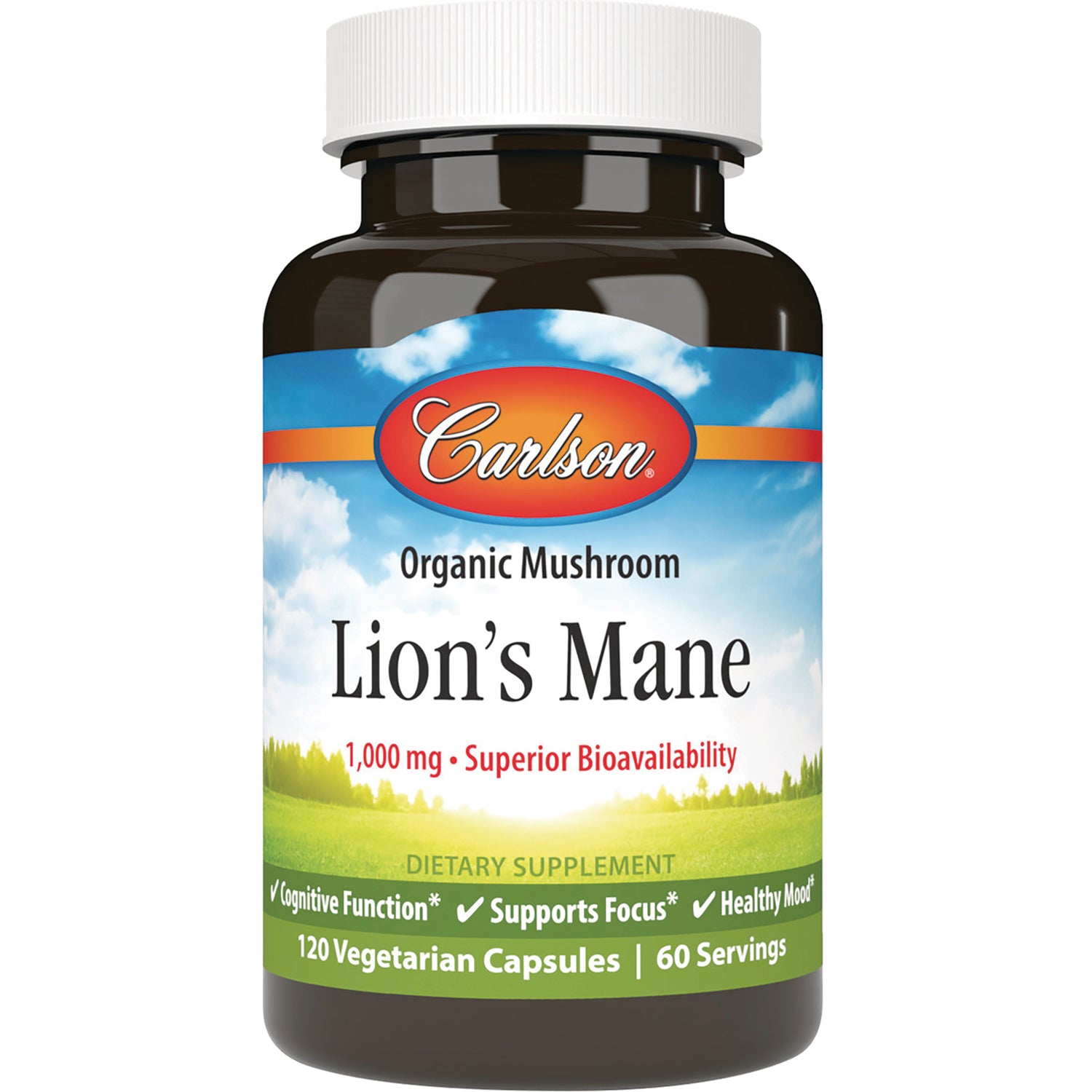 CSN325 | Carlson Lion's Mane organic mushroom dietary supplement bottle, 1,000 mg, 120 vegetarian capsules