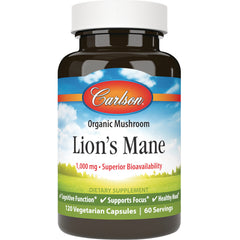 CSN325 | Carlson Lion's Mane organic mushroom dietary supplement bottle, 1,000 mg, 120 vegetarian capsules