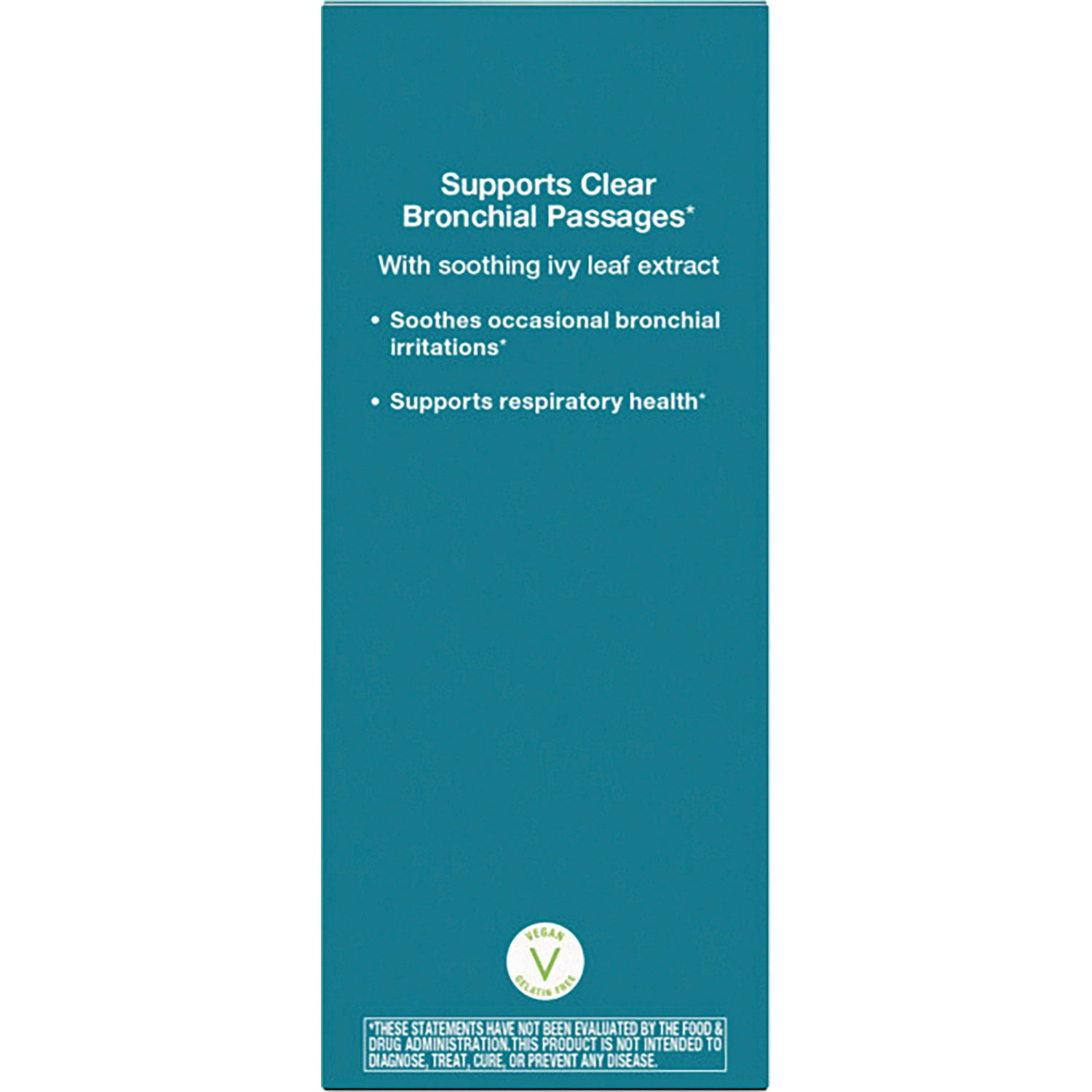 ET399 | teal product panel reading Supports Clear Bronchial Passages, mentions soothing ivy leaf extract, bullet benefits, and vegan seal