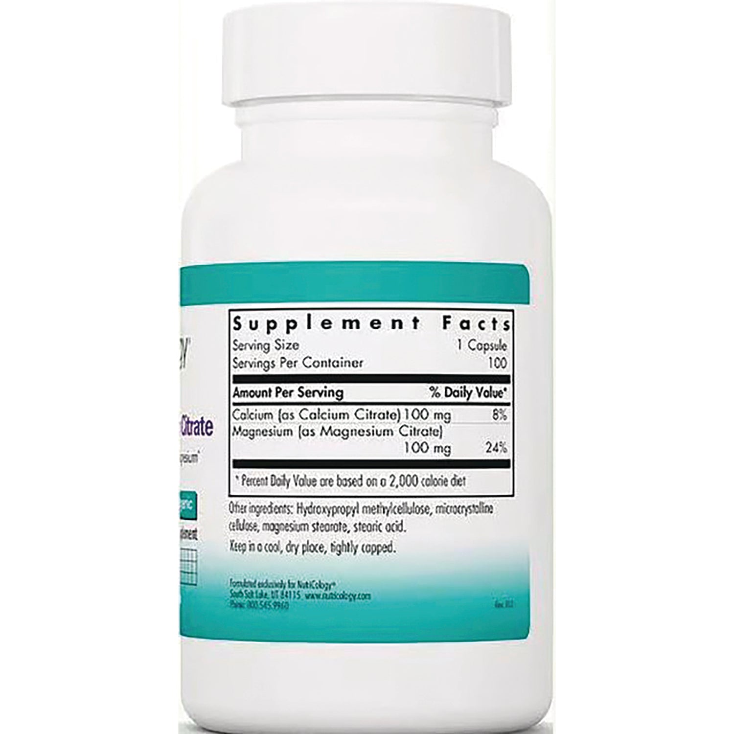 NCL114 | Back of white supplement bottle showing supplement facts panel and ingredients on teal label